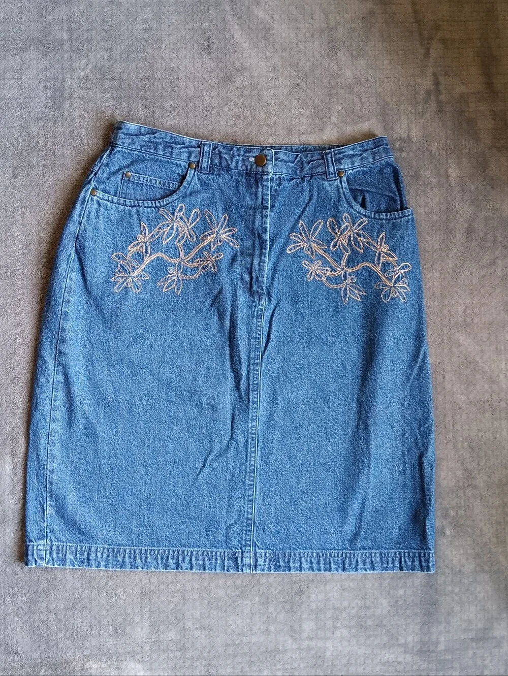 Y2K Blue Denim Cotton Jean Floral Embroidered Skirt, Vintage Westbound Size 8